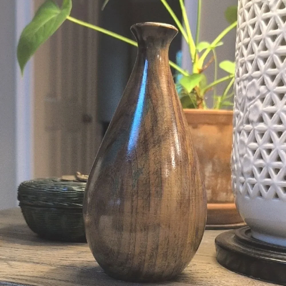Hand Crafted Elegant Brown Wooden Vase With Green Accents
